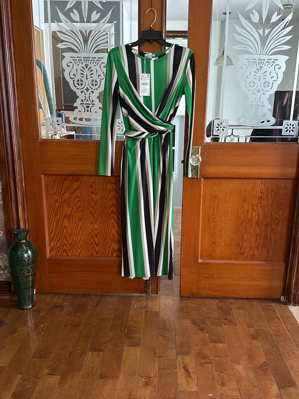 Zara Green, Black & White Striped Wrap Midi Dress